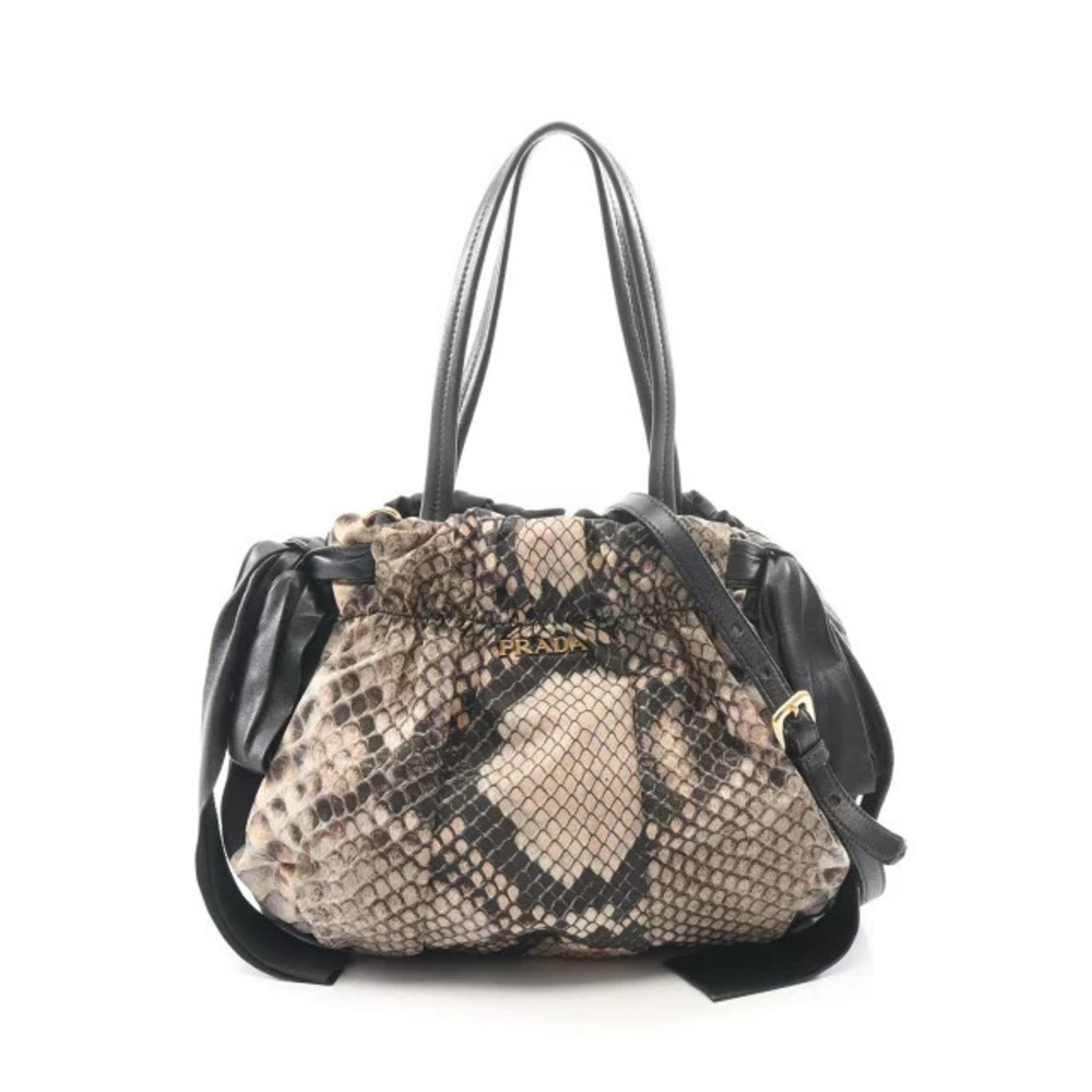 Prada Tote Tessuto Saffiano Bag Ribbon Python Leather Black Multicolor